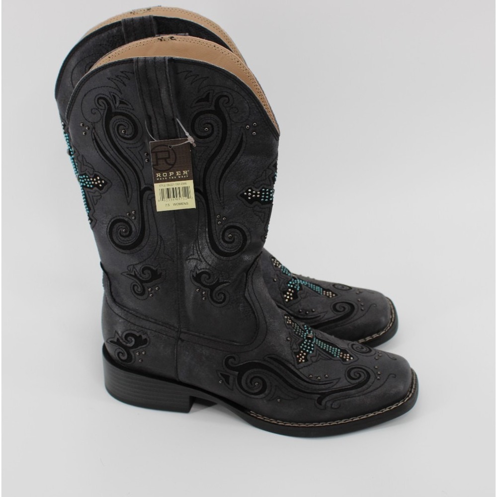 Roper Western Boots Womens Cross Crystal Brown 09-021-1901-0936 Black New 7.5‎
